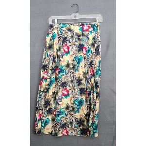Vintage 90s Pleated Maxi Skirt Sz PS Tropical Floral Sag Harbor Olive Green Aqua
